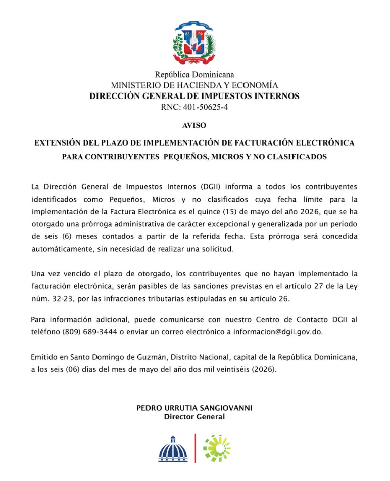 Aviso DGII prórroga facturación electrónica
